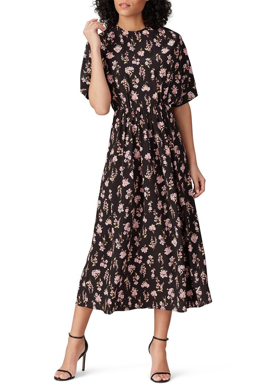 Les Reveries Black Floral Printed Short Sleeve A-Line Silk Midi Dress Size 4